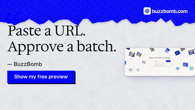 Landscape graphic for BuzzBomb: "Paste a URL. Approve a batch." Paper trio style, quote layout, light palette in white, blue, grey.