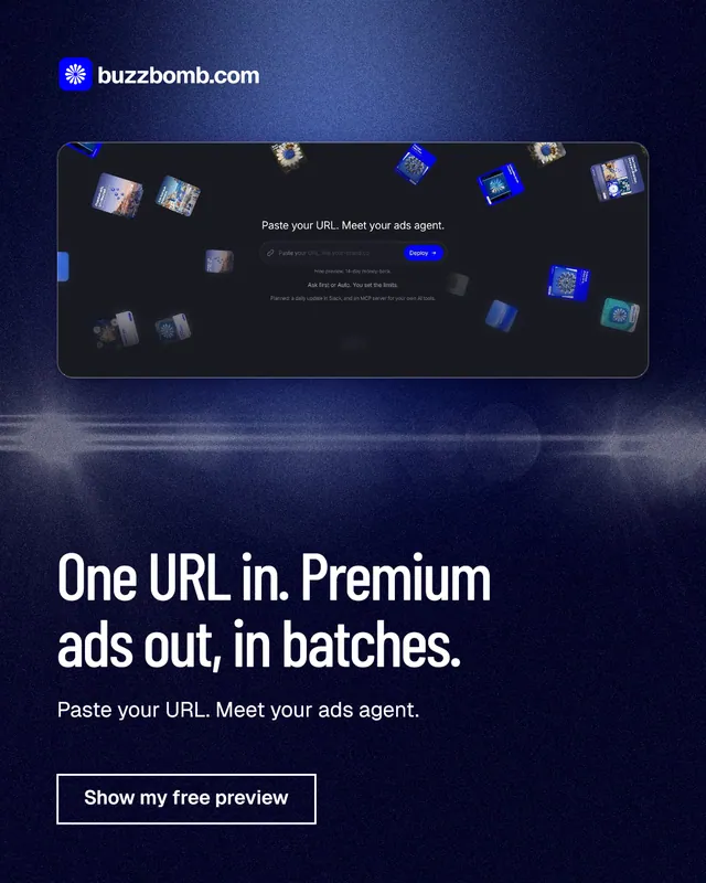Instagram portrait post for BuzzBomb: "One URL in. Premium ads out, in batches." Dark deco style, bottom layout, dark palette in black, blue.