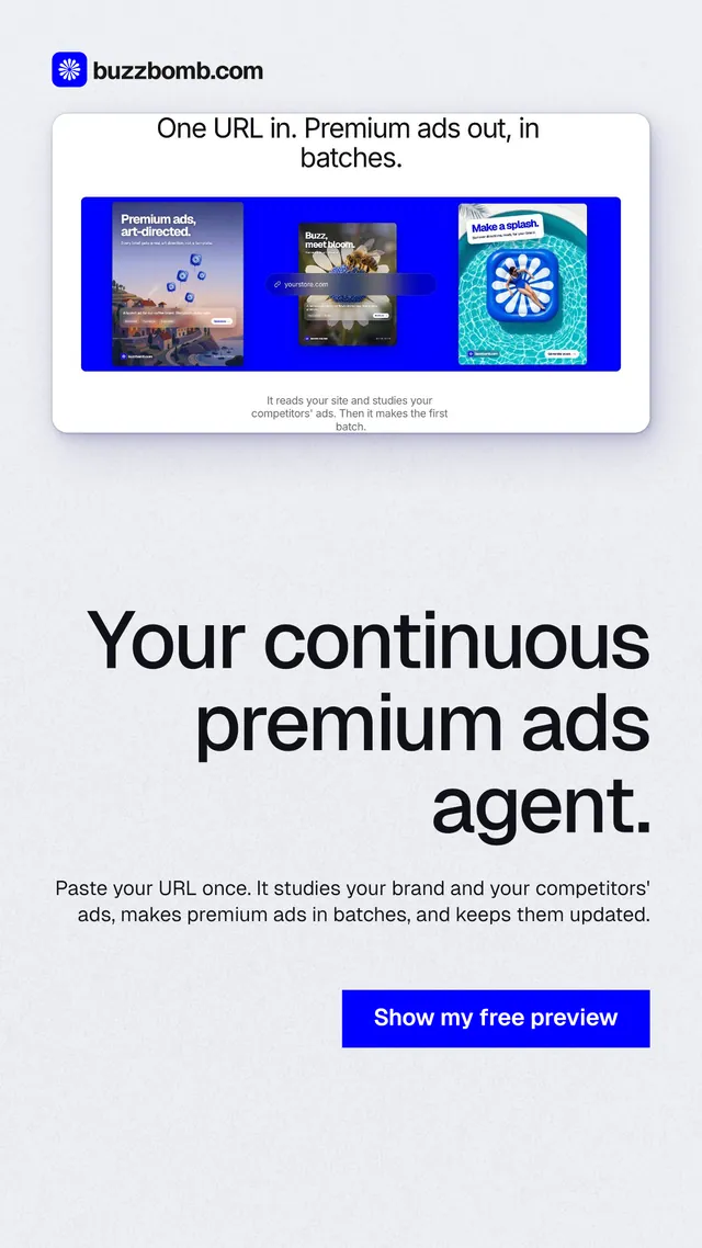 Instagram story for BuzzBomb: "Your continuous premium ads agent." Swiss style, right layout, light palette in white, blue.