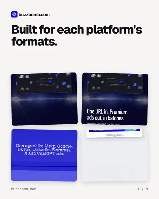 Carousel for BuzzBomb: "Built for each platform's formats.". Collection carousel, 8 slides, light palette.