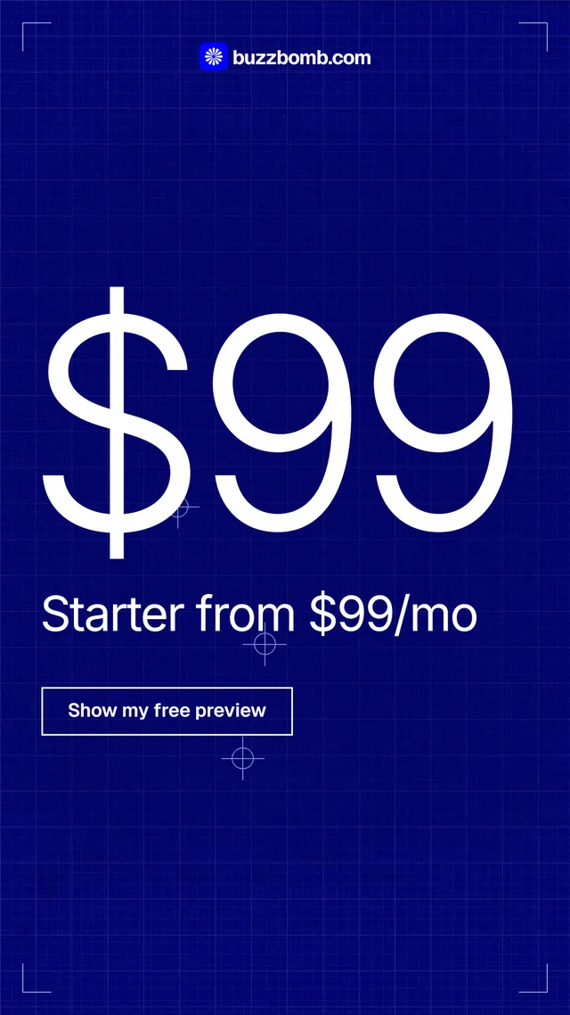 Instagram story for BuzzBomb: "Watch buzzbomb.com run its own ads." Blueprint style, stat layout, dark palette in blue.