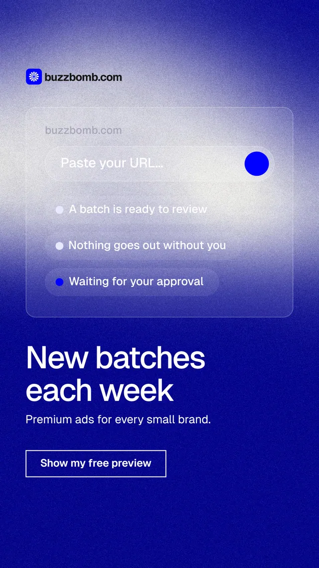 Instagram story for BuzzBomb: "New batches each week". Cyanotype style, bottom layout, dark palette in blue, white.