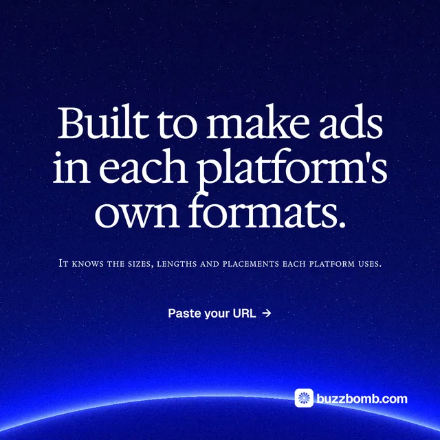 Instagram post for BuzzBomb: "Built to make ads in each platform's own formats." Swiss style, smallcaps layout, dark palette in blue.