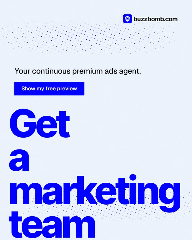 Instagram portrait post for BuzzBomb: "Get a marketing team." Swiss style, oversized layout, light palette in white, blue.