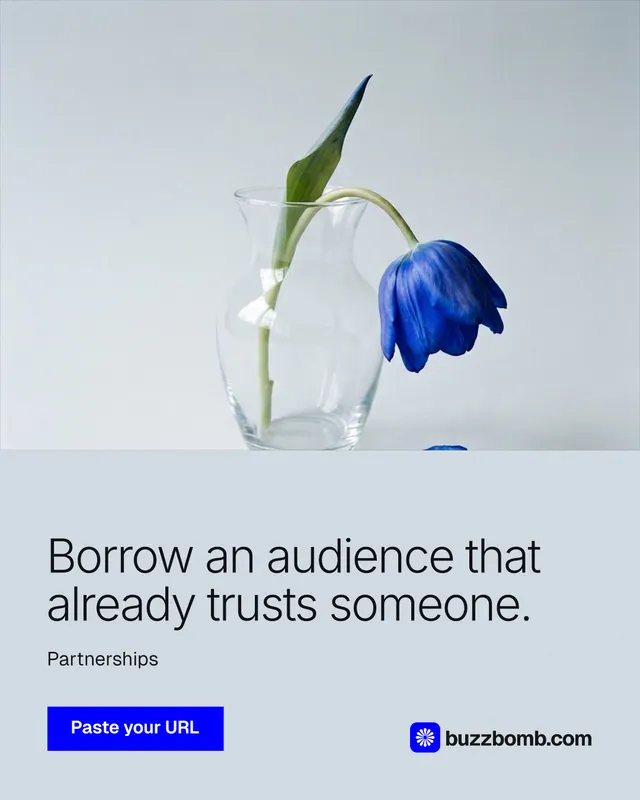 Instagram portrait post for BuzzBomb: "Borrow an audience that already trusts someone." Swiss style, bottom layout, light palette in blue, white.