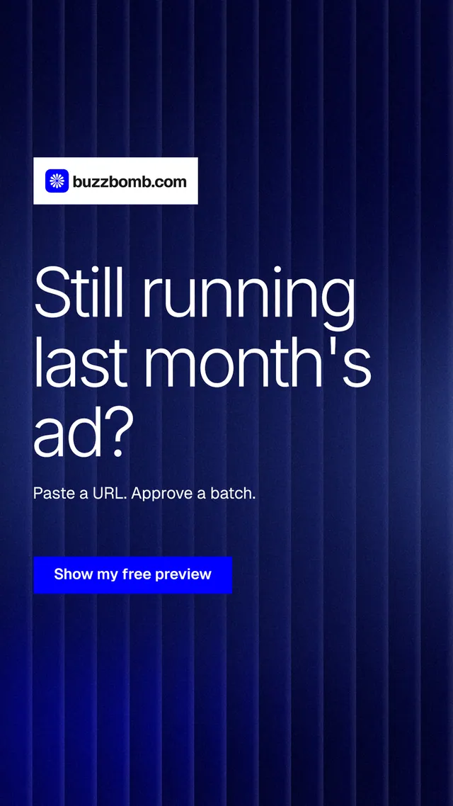 Instagram story for BuzzBomb: "Still running last month's ad?" Swiss style, announce layout, dark palette in black, blue.