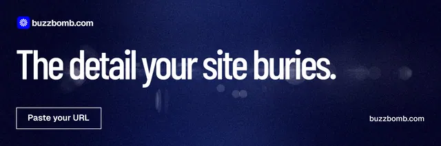X header for BuzzBomb: "The detail your site buries." Dark deco style, poster layout, dark palette in black, blue, grey.