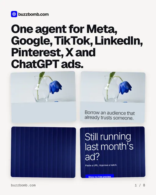 Carousel for BuzzBomb: "One agent for Meta, Google, TikTok, LinkedIn, Pinterest, X and ChatGPT ads.". Collection carousel, 8 slides, light palette.