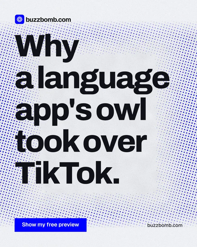 Instagram portrait post for BuzzBomb: "Why a language app's owl took over TikTok." Swiss style, poster layout, light palette in blue, grey, white.