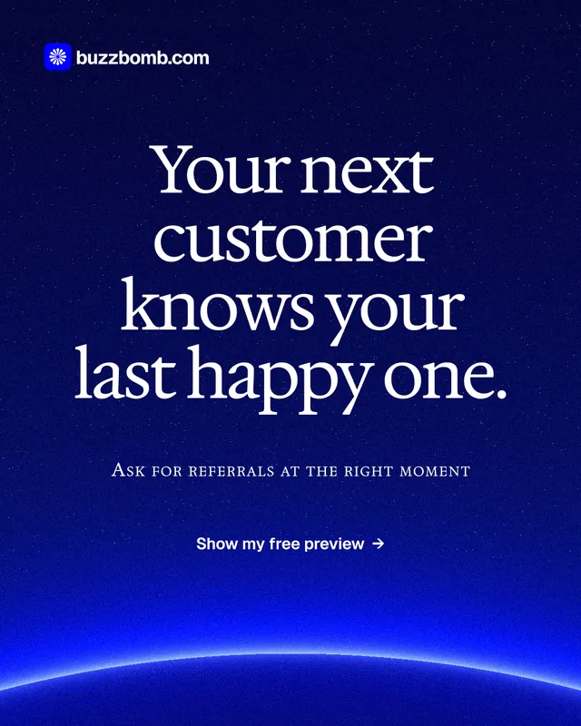 Instagram portrait post for BuzzBomb: "Your next customer knows your last happy one." Swiss style, smallcaps layout, dark palette in blue.