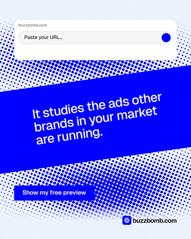 Instagram portrait post for BuzzBomb: "It studies the ads other brands in your market are running." Swiss style, diagonal layout, light palette in blue, white.