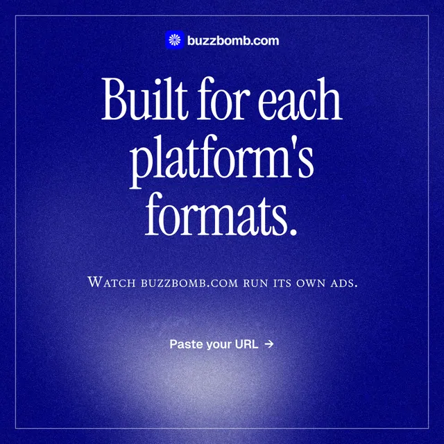 Instagram post for BuzzBomb: "Built for each platform's formats." Editorial style, smallcaps layout, dark palette in blue.