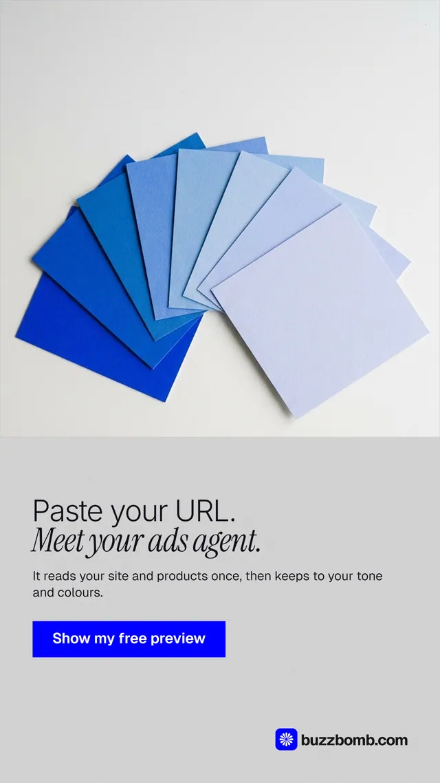 Instagram story for BuzzBomb: "Paste your URL. Meet your ads agent." Swiss style, bottom layout, light palette in white, blue.