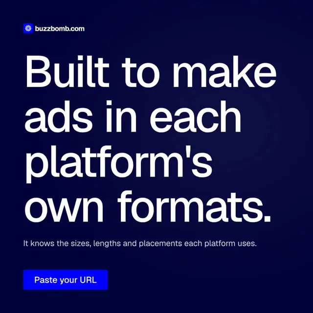 Video for BuzzBomb: "Built to make ads in each platform's own formats.". Doc motion loop, 7.0 s, dark palette.
