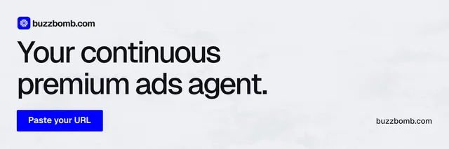 X header for BuzzBomb: "Your continuous premium ads agent." Data card style, poster layout, light palette in white, blue.