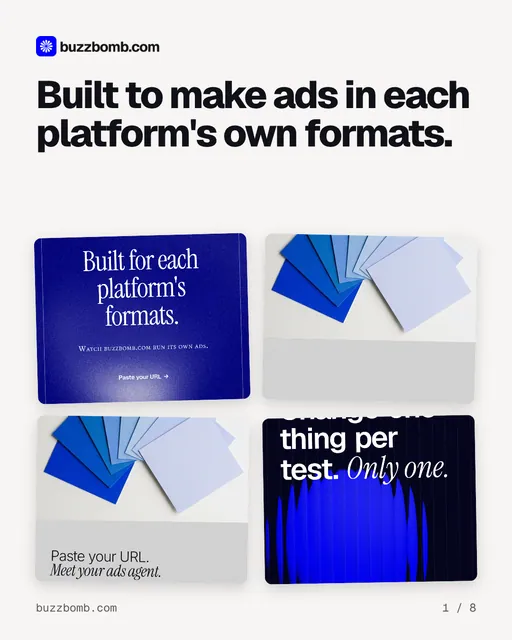 Carousel for BuzzBomb: "Built to make ads in each platform's own formats.". Collection carousel, 8 slides, light palette.
