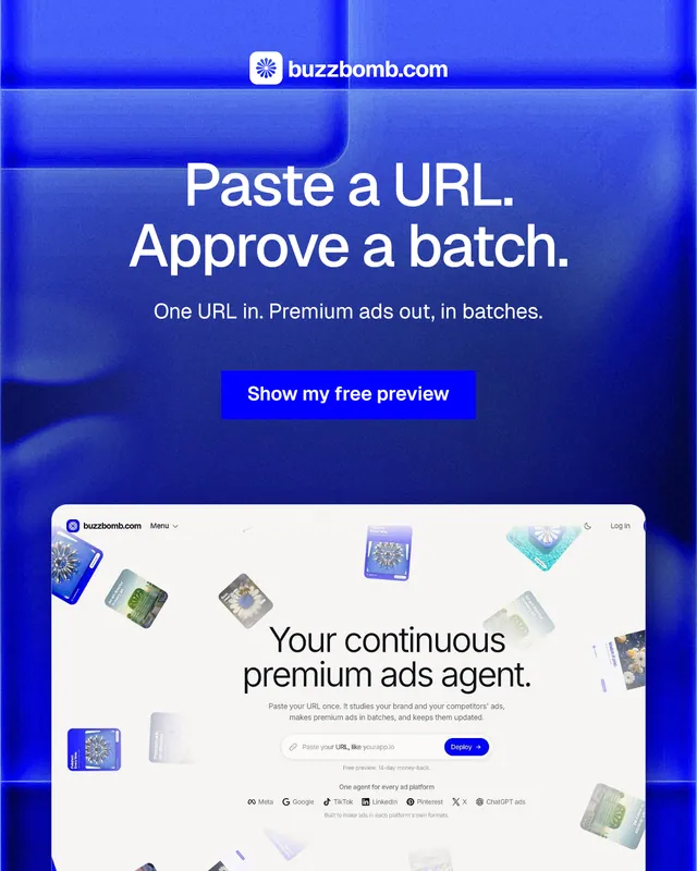 Instagram portrait post for BuzzBomb: "Paste a URL. Approve a batch." Swiss style, centred layout, light palette in blue, white.