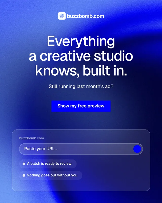 Instagram portrait post for BuzzBomb: "Everything a creative studio knows, built in." Swiss style, centred layout, dark palette in blue.