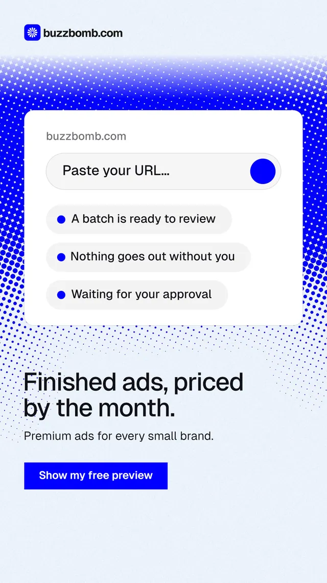 Instagram story for BuzzBomb: "Finished ads, priced by the month." Swiss style, bottom layout, light palette in white, blue.