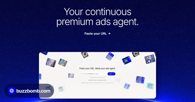 Social ad for BuzzBomb: "Your continuous premium ads agent." Swiss style, ogui layout, dark palette in white, blue.