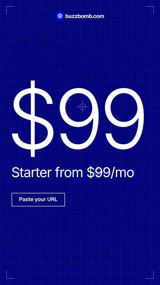 Instagram story for BuzzBomb: "Watch buzzbomb.com run its own ads." Blueprint style, stat layout, dark palette in blue.
