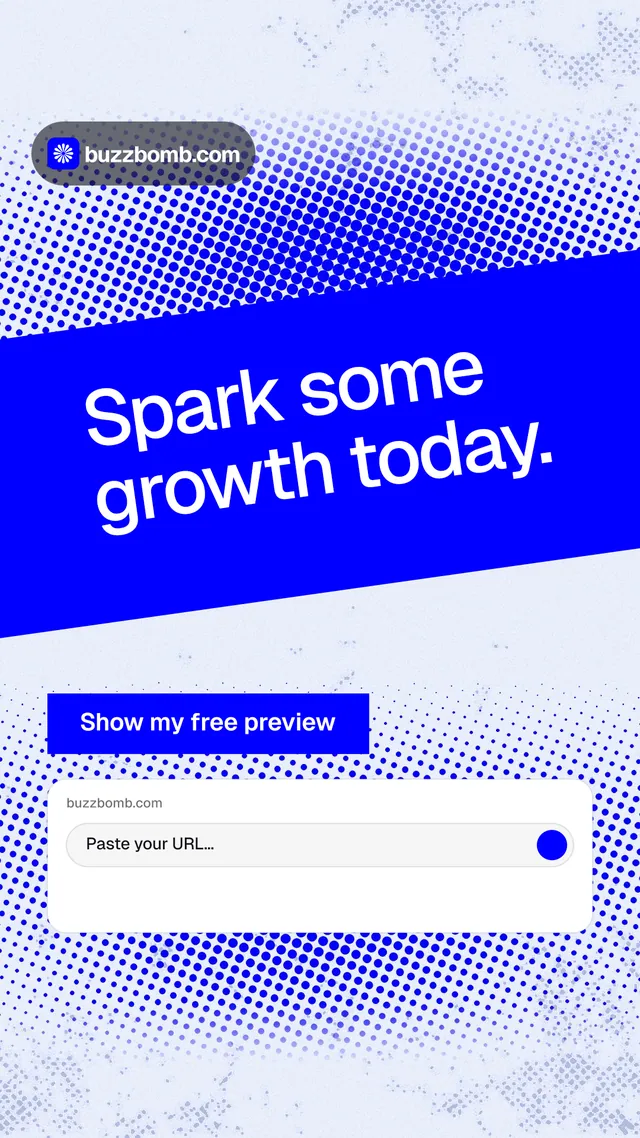 Instagram story for BuzzBomb: "Spark some growth today." Swiss style, diagonal layout, light palette in blue, white.