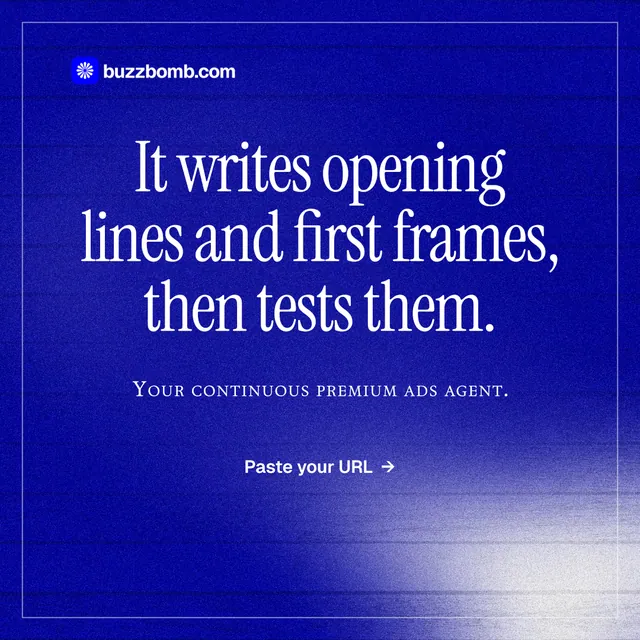 Instagram post for BuzzBomb: "It writes opening lines and first frames, then tests them." Editorial style, smallcaps layout, dark palette in blue.