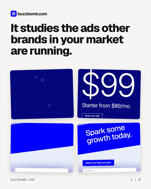Carousel for BuzzBomb: "It studies the ads other brands in your market are running.". Collection carousel, 8 slides, light palette.