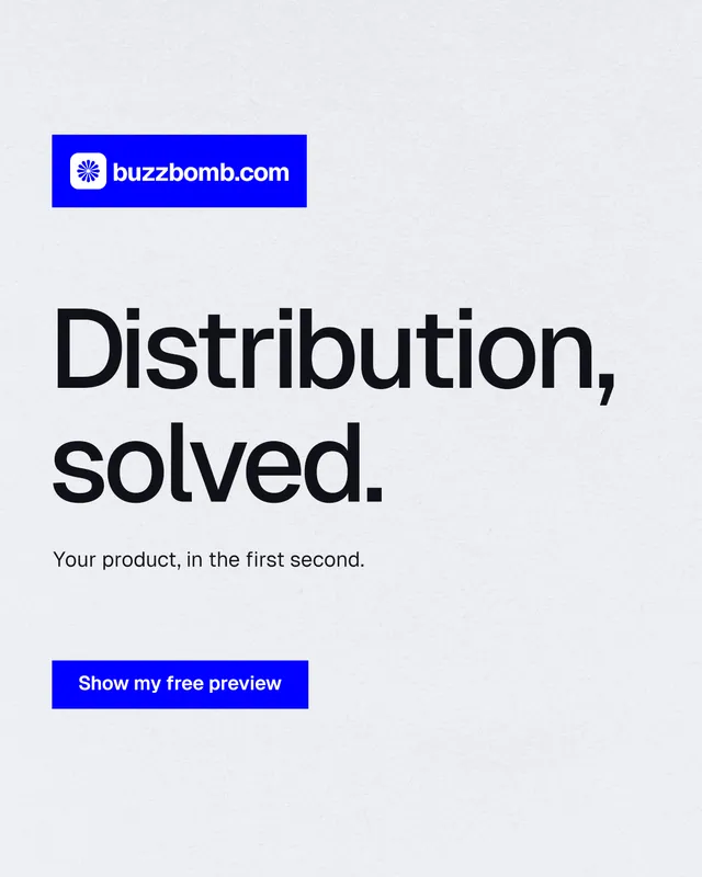 Instagram portrait post for BuzzBomb: "Distribution, solved." Swiss style, announce layout, light palette in white, blue.