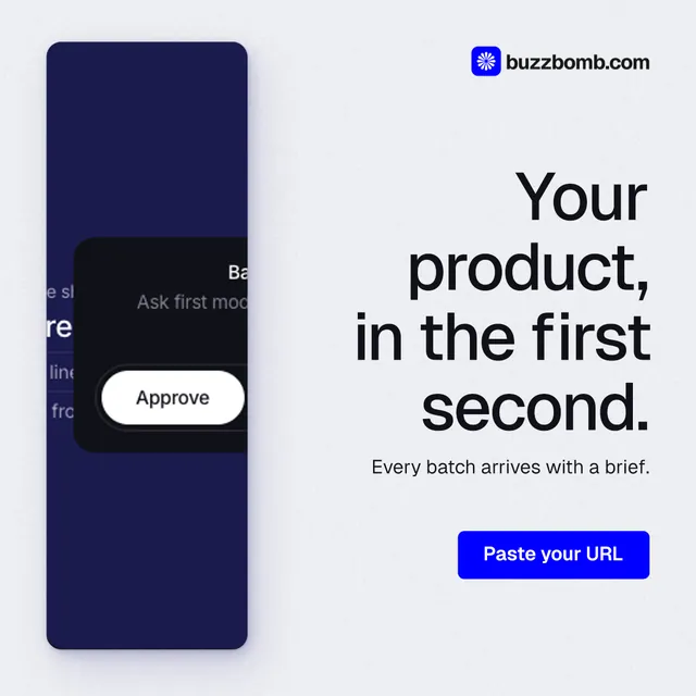 Instagram post for BuzzBomb: "Your product, in the first second." Data card style, right layout, light palette in white, blue, grey.