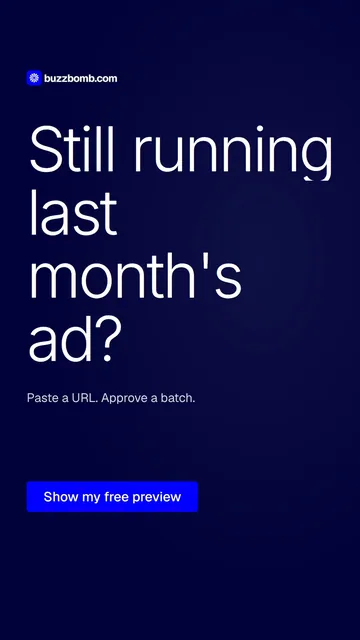 Video for BuzzBomb: "Still running last month's ad?". Doc motion loop, 7.0 s, dark palette.