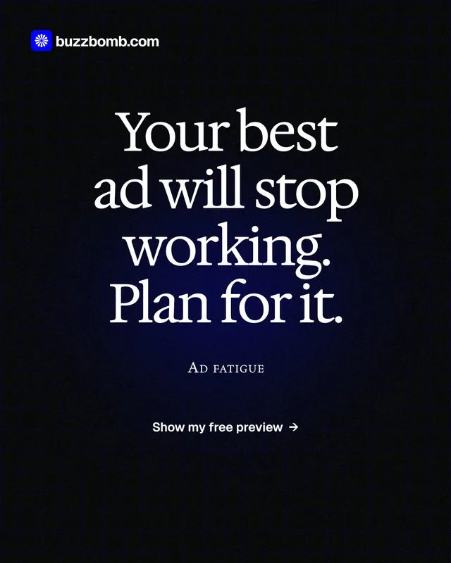 Instagram portrait post for BuzzBomb: "Your best ad will stop working. Plan for it." Phosphor atlas style, smallcaps layout, dark palette in black, grey.