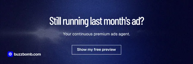 X header for BuzzBomb: "Still running last month's ad?" Dark deco style, centred layout, dark palette in blue, black.