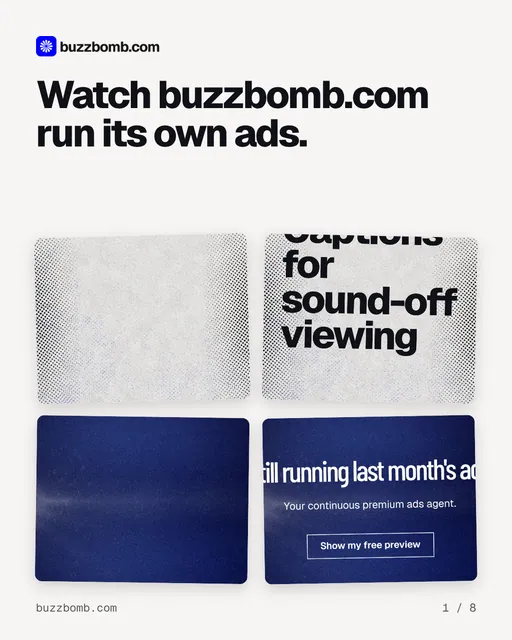 Carousel for BuzzBomb: "Watch buzzbomb.com run its own ads.". Collection carousel, 8 slides, light palette.