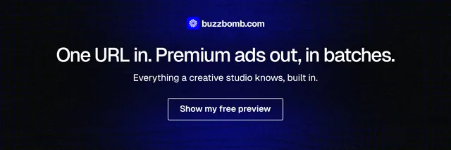 X header for BuzzBomb: "One URL in. Premium ads out, in batches." Phosphor atlas style, centred layout, dark palette in black, blue.