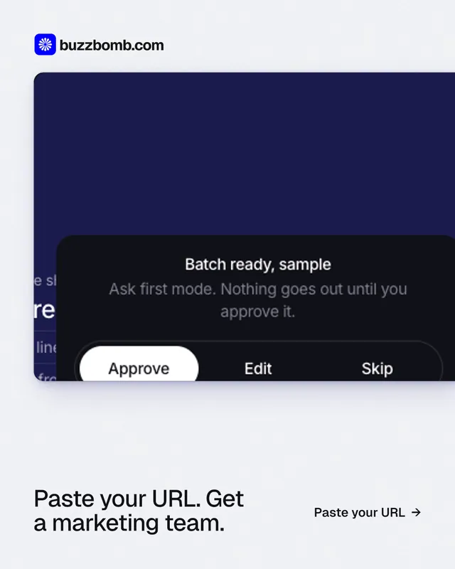 Instagram portrait post for BuzzBomb: "Paste your URL. Get a marketing team." Swiss style, image led layout, light palette in white, blue, black.