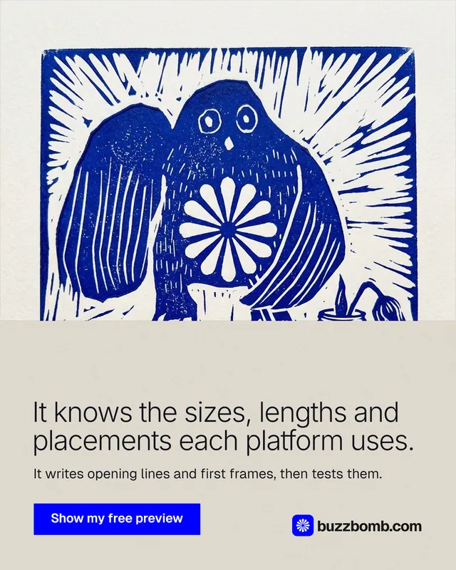 Instagram portrait post for BuzzBomb: "It knows the sizes, lengths and placements each platform uses." Swiss style, bottom layout, light palette in yellow, blue, grey.