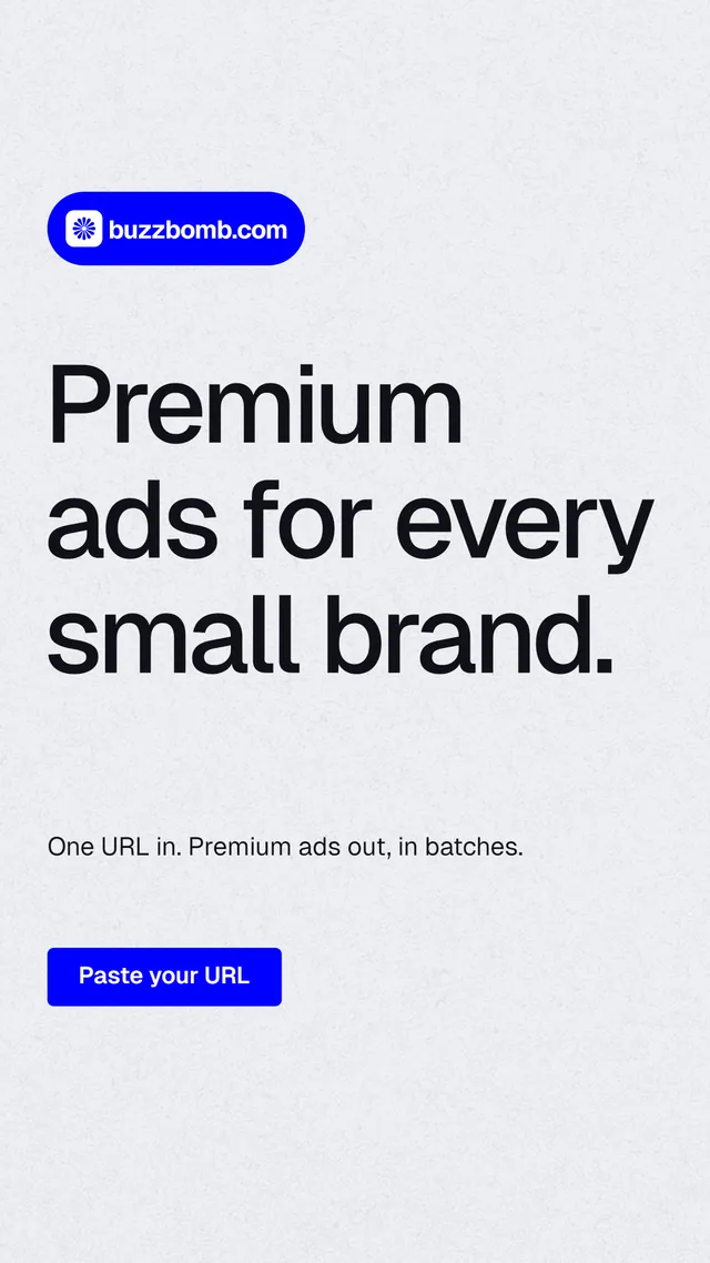 Instagram story for BuzzBomb: "Premium ads for every small brand." Data card style, announce layout, light palette in white, blue.