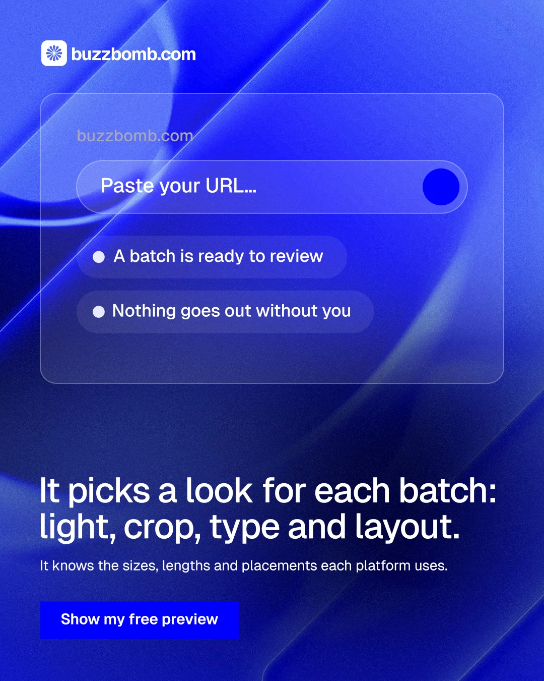 Instagram portrait post for BuzzBomb: "It picks a look for each batch: light, crop, type and layout." Swiss style, bottom layout, dark palette in blue.