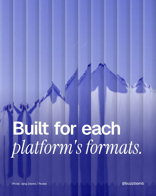 Instagram portrait post for BuzzBomb: "Built for each platform's formats." Photo style, technique:fluted glass layout, light palette in blue.