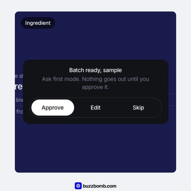 Video for BuzzBomb: "Your product, in the first second.". Before after wipe, 6.0 s, dark palette.