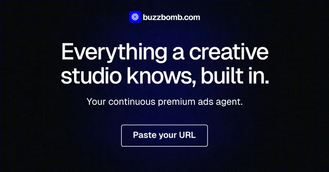 Social ad for BuzzBomb: "Everything a creative studio knows, built in." Phosphor atlas style, centred layout, dark palette in black, grey.
