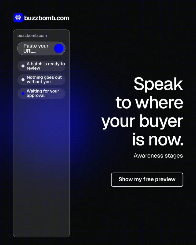 Instagram portrait post for BuzzBomb: "Speak to where your buyer is now." Phosphor atlas style, right layout, dark palette in black, blue, grey.