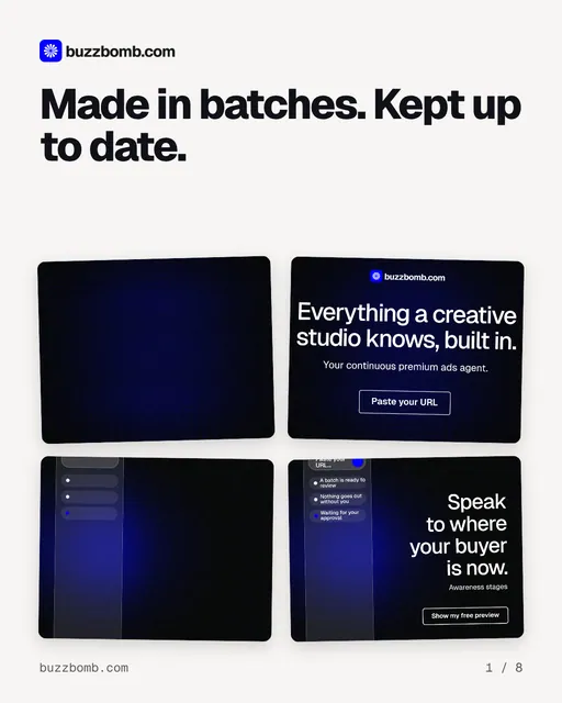 Carousel for BuzzBomb: "Made in batches. Kept up to date.". Collection carousel, 8 slides, light palette.