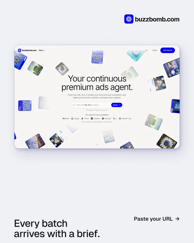 Instagram portrait post for BuzzBomb: "Every batch arrives with a brief." Swiss style, image led layout, light palette in white, grey.