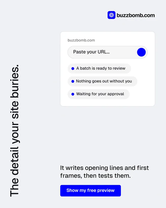 Instagram portrait post for BuzzBomb: "The detail your site buries." Data card style, vertical layout, light palette in white, blue.