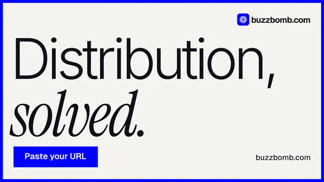 Landscape graphic for BuzzBomb: "Distribution, solved." Swiss style, poster layout, light palette in white, blue.