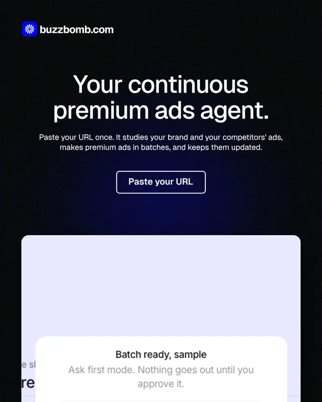 Instagram portrait post for BuzzBomb: "Your continuous premium ads agent." Phosphor atlas style, centred layout, dark palette in black, white, grey.
