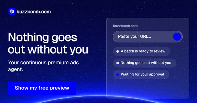 Social ad for BuzzBomb: "Nothing goes out without you". Swiss style, bottom layout, dark palette in blue.