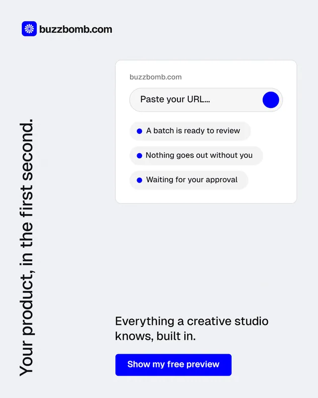 Instagram portrait post for BuzzBomb: "Your product, in the first second." Data card style, vertical layout, light palette in white, blue.